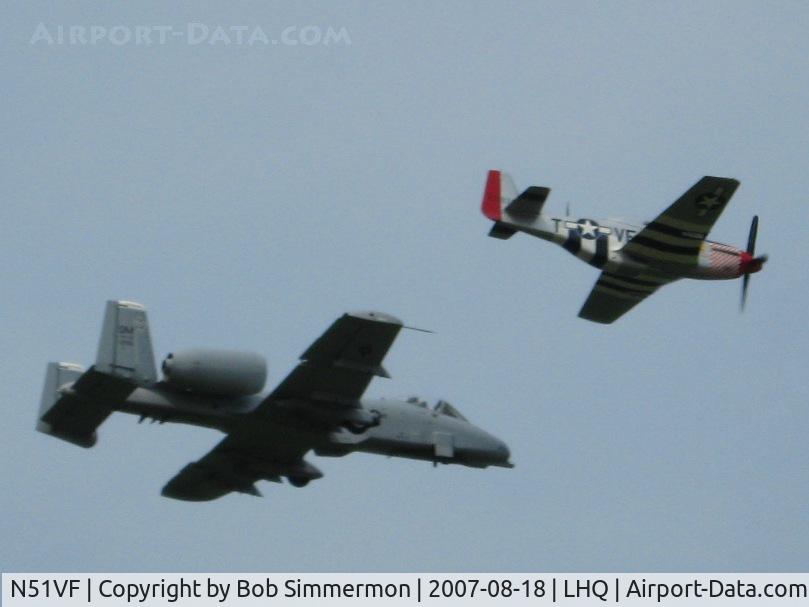 N51VF, 1945 North American F-51D Mustang C/N 45-11553, In formation with A10 (AF 79-195) Thunderbolt from Davis-Monthan AFB at Wings of Victory Airshow - Lancaster, OH