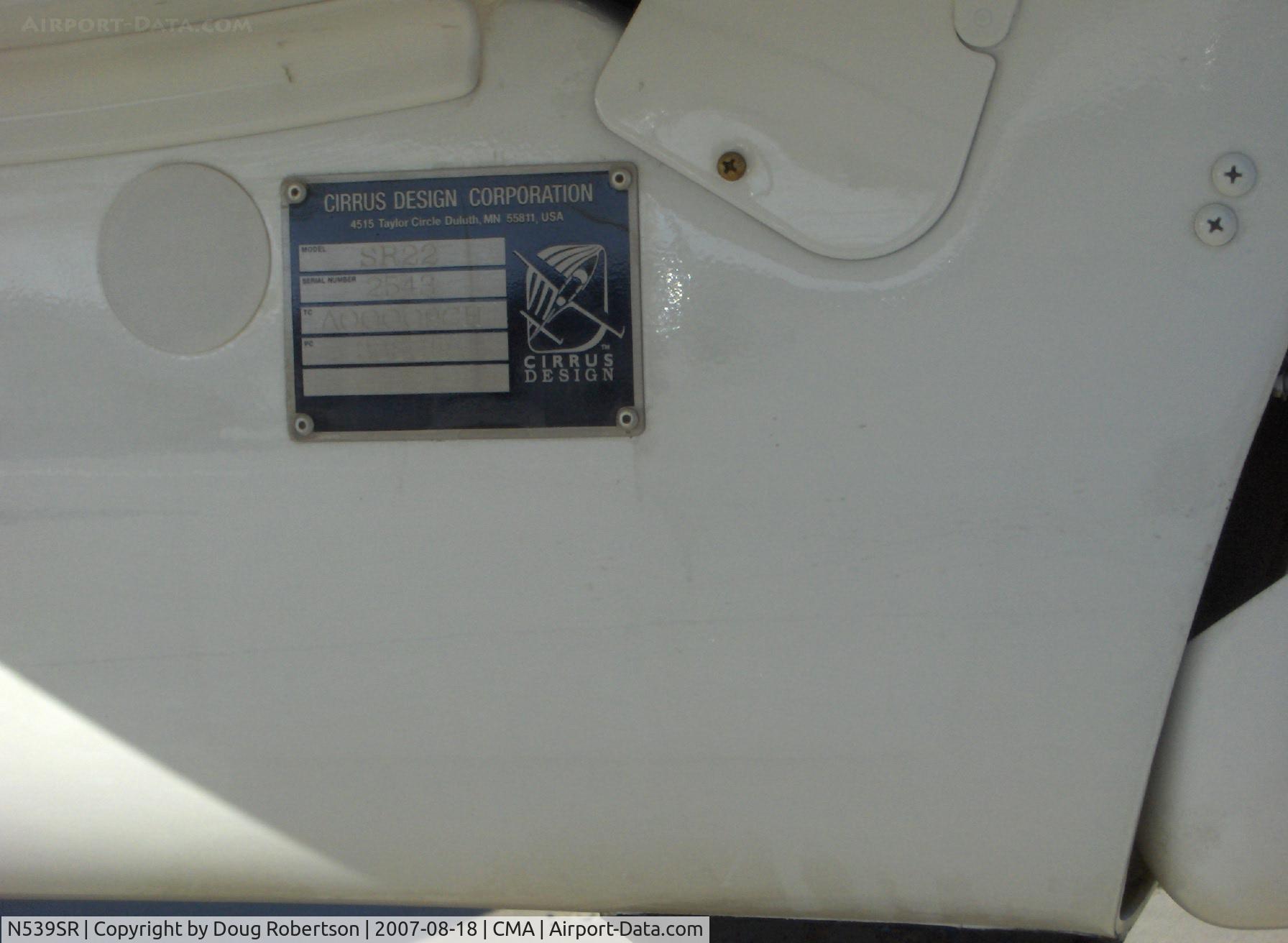 N539SR, 2007 Cirrus SR22 C/N 2543, 2007 Cirrus SR22 GT Turbo 3, Continental IO-550-N 310+ Hp, turbonormalized, data plate