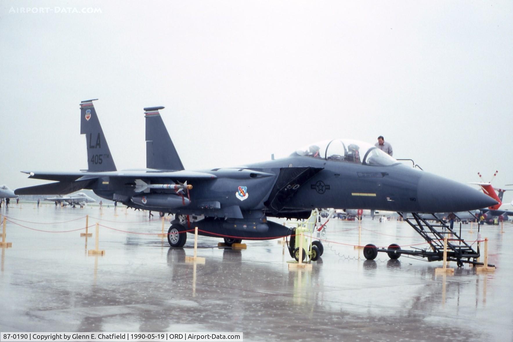 87-0190, 1987 McDonnell Douglas F-15E Strike Eagle C/N 1055/E030, F-15E at the ANG/AFR open house, in heavy downpour