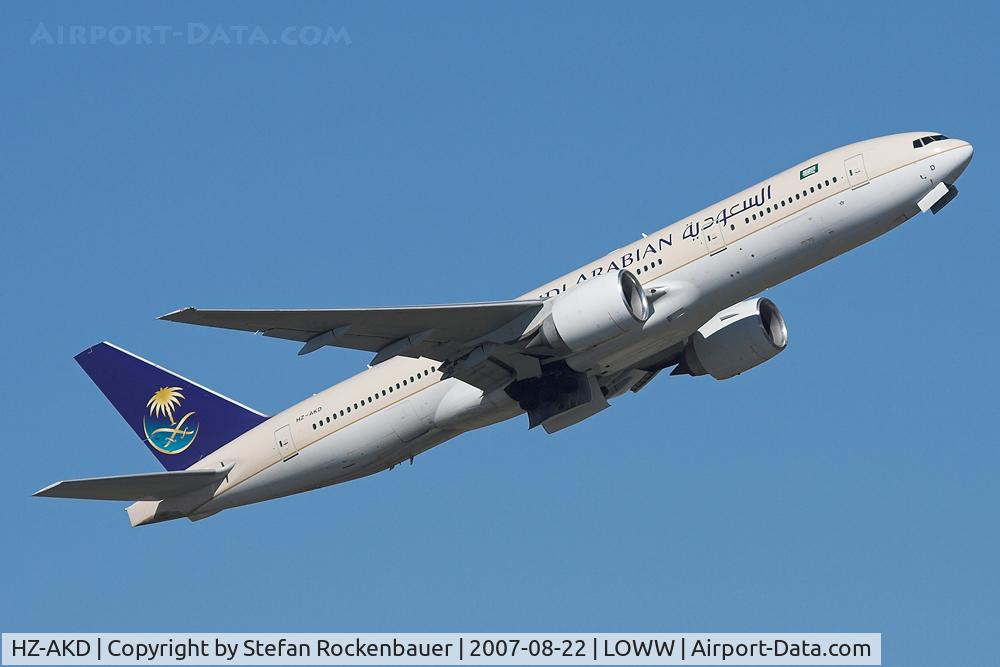 HZ-AKD, 1997 Boeing 777-268/ER C/N 28347, Rocketing out of VIE.