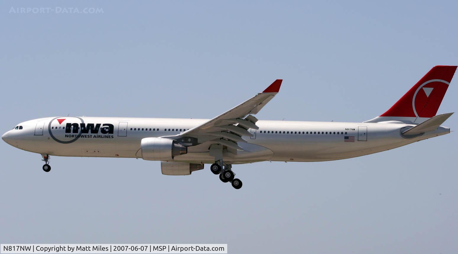 N817NW, 2007 Airbus A330-323 C/N 0843, Arriving on 12R @ MSP - this is the delivery flight to NWA for this bird!!! Direct from the paintshop in LeBourget, France