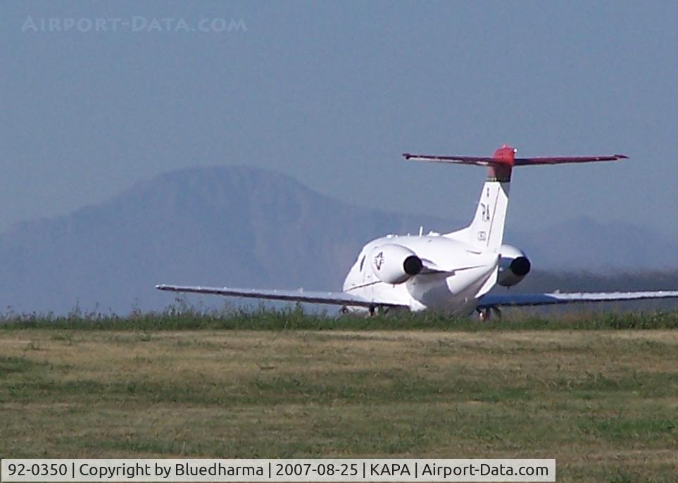 92-0350, 1992 Beechcraft T-1A Jayhawk C/N TT-64, Takeoff with Pikes Peak Colorado in the background.