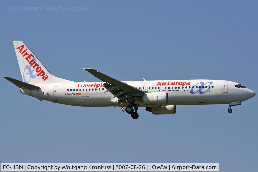 EC-HBN, 1999 Boeing 737-85P C/N 28383, with additional Travelplan titles approaching RWY34