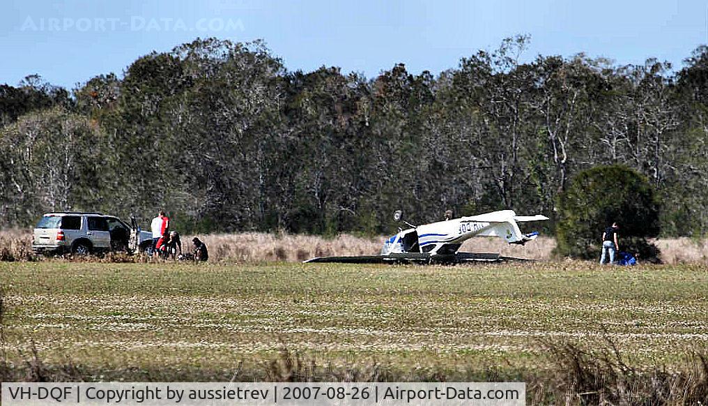 VH-DQF, 1967 Cessna 182K Skylane C/N 18258105, Engine Failure shortly after take off. Nose wheel dug in on muddy ground flipping aircraft and crushing tail.