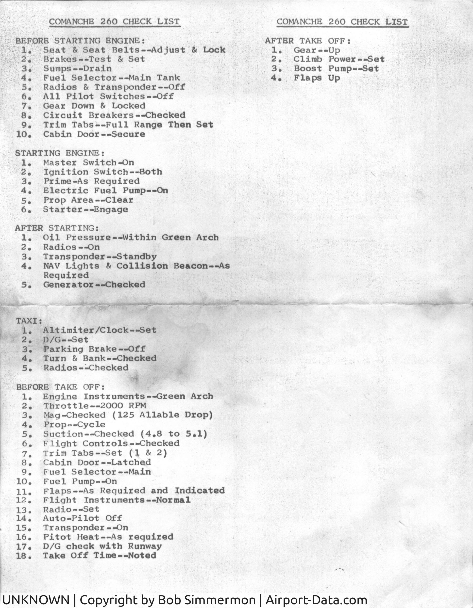 UNKNOWN, Miscellaneous Various C/N unknown, Checklist from Bob Dodge's mid-1906's Comanche 260