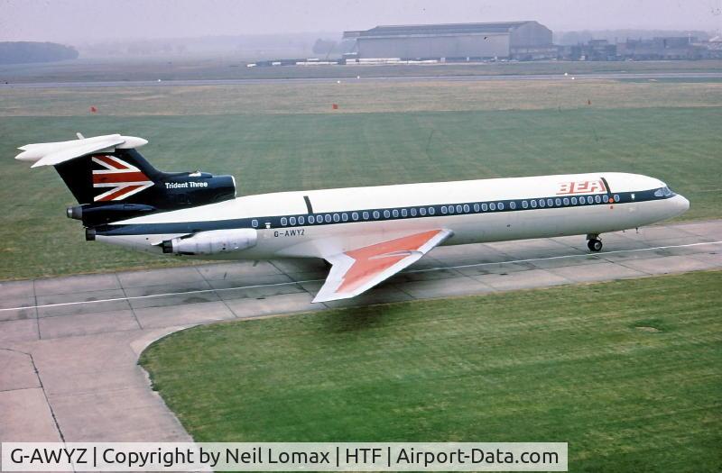 G-AWYZ, 1970 Hawker Siddeley HS-121 Trident 3B-101 C/N 2301, On test flight,with speed markings.