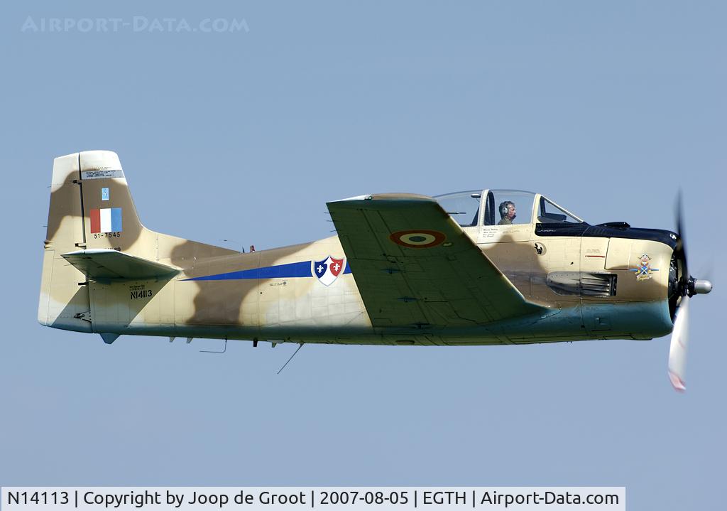 N14113, 1951 North American T-28A Fennec C/N 81-1, This T-28 is painted in the colors of the French AF in Algeria. The badge underneath the cockpit is of EALA 7/72.