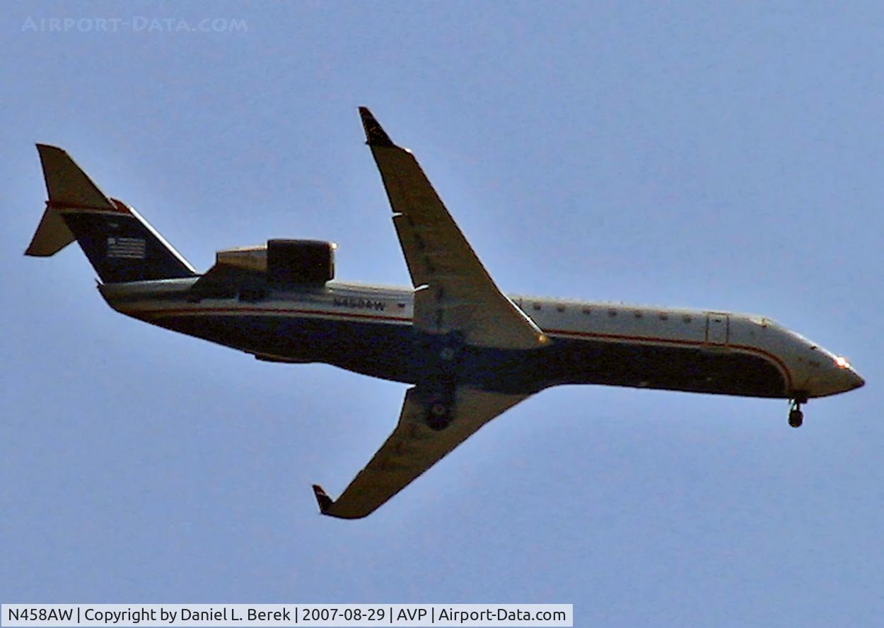 N458AW, 2003 Bombardier CRJ-200LR (CL-600-2B19) C/N 7861, New Canadair regional jet gleams in the Pennsylvania sunshine.