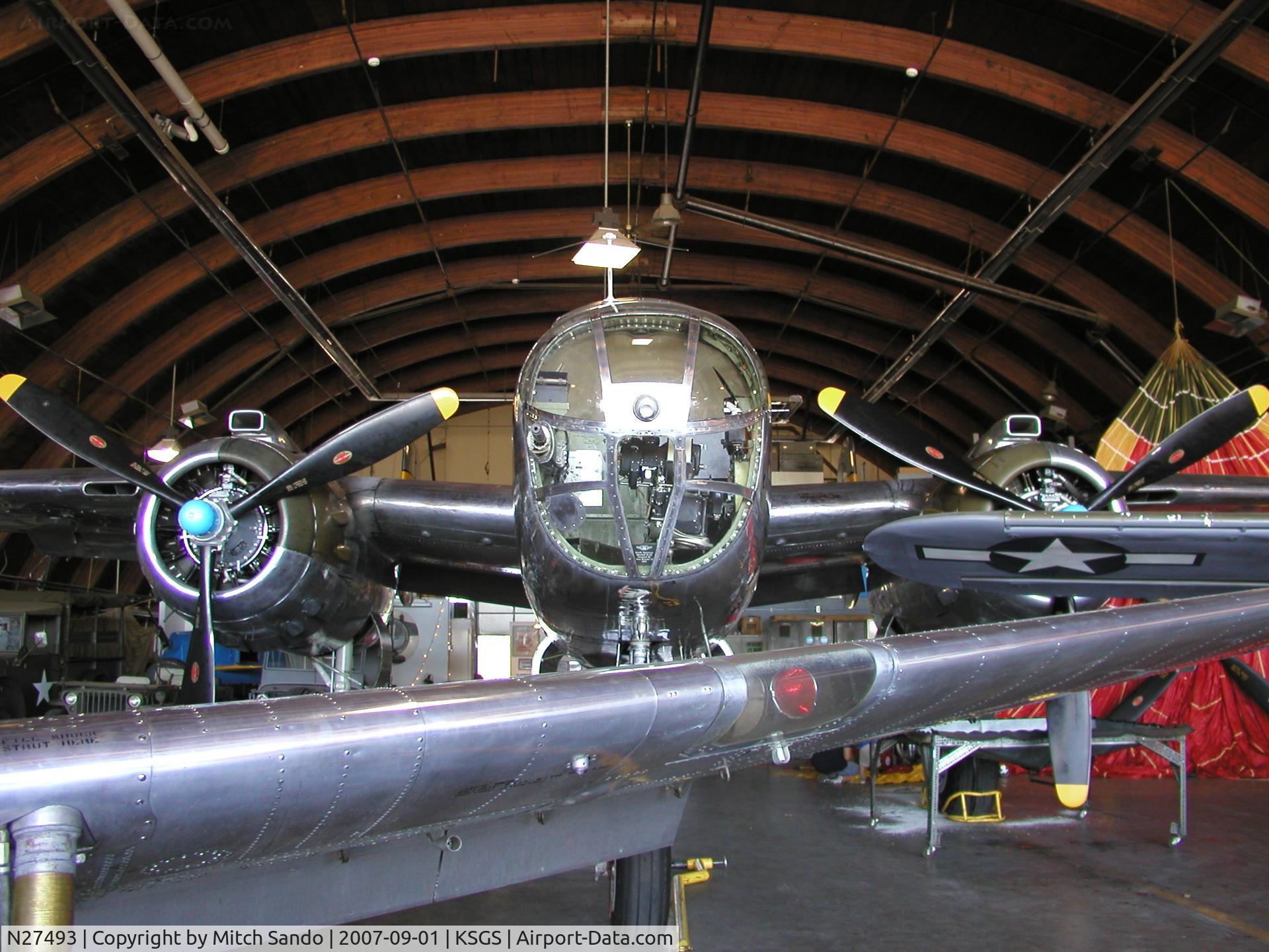 N27493, 1944 North American TB-25K Mitchell C/N 44-29869/108-33144, Parked inside the Commemorative Air Force Hangar.