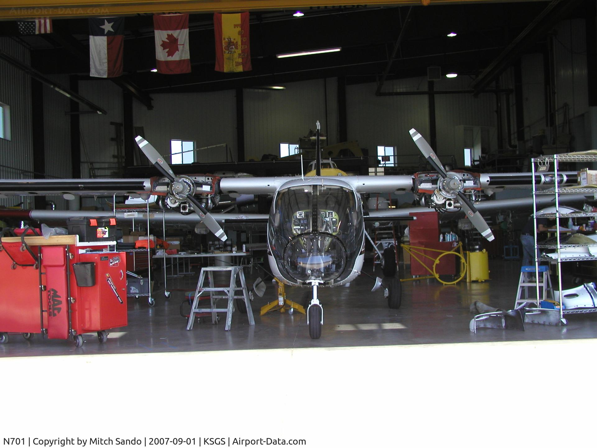 N701, 1990 Partenavia P-68 Observer 2 C/N 390-03-0B2, Parked inside Wipaire's Hangar.