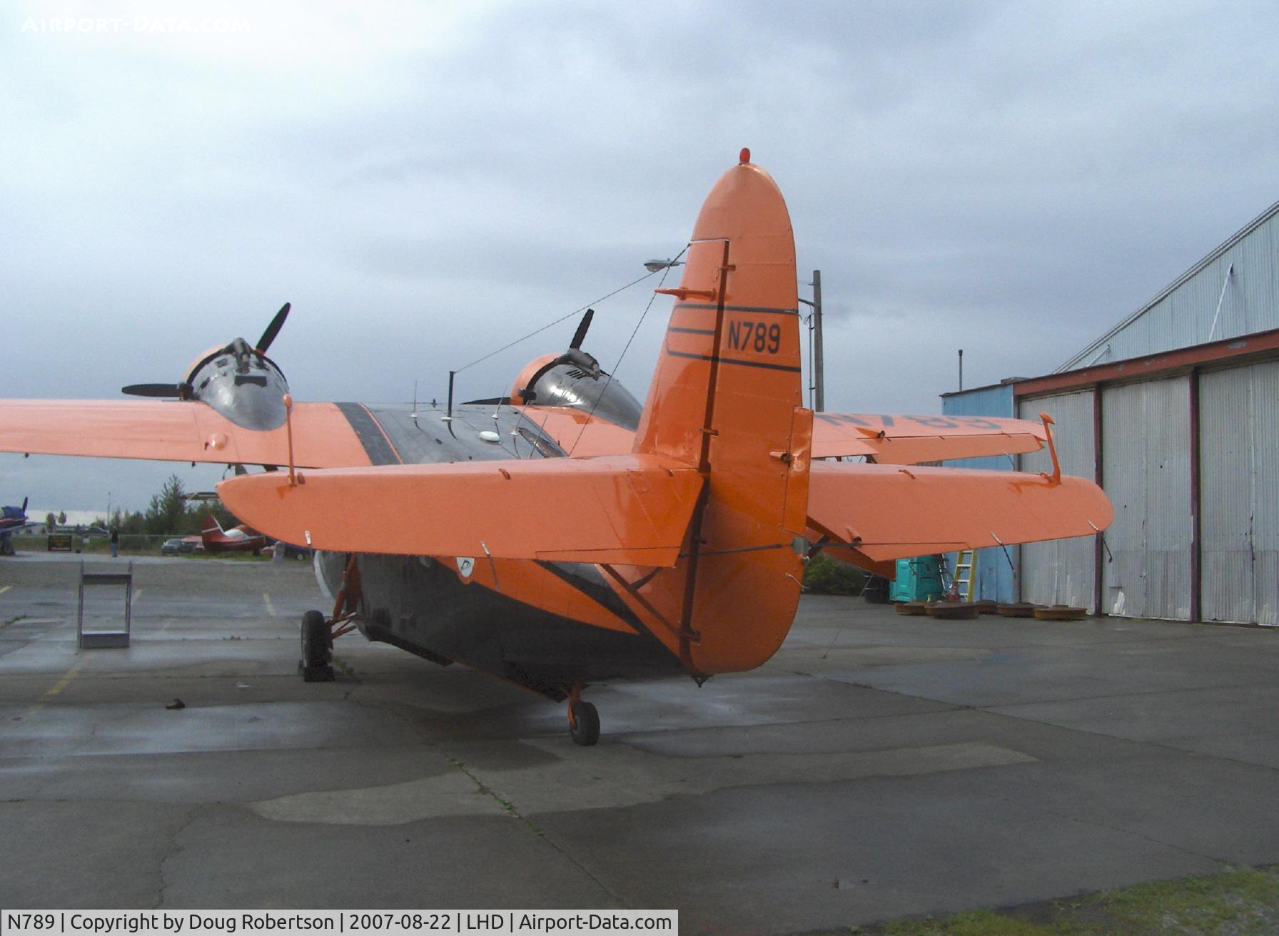 N789, 1943 Grumman G-21A Goose C/N B-102, 1943 Grumman G-21A GOOSE, two P&W R-985-AN6 450 Hp each, at Alaska Aviation Heritage Museum, tail