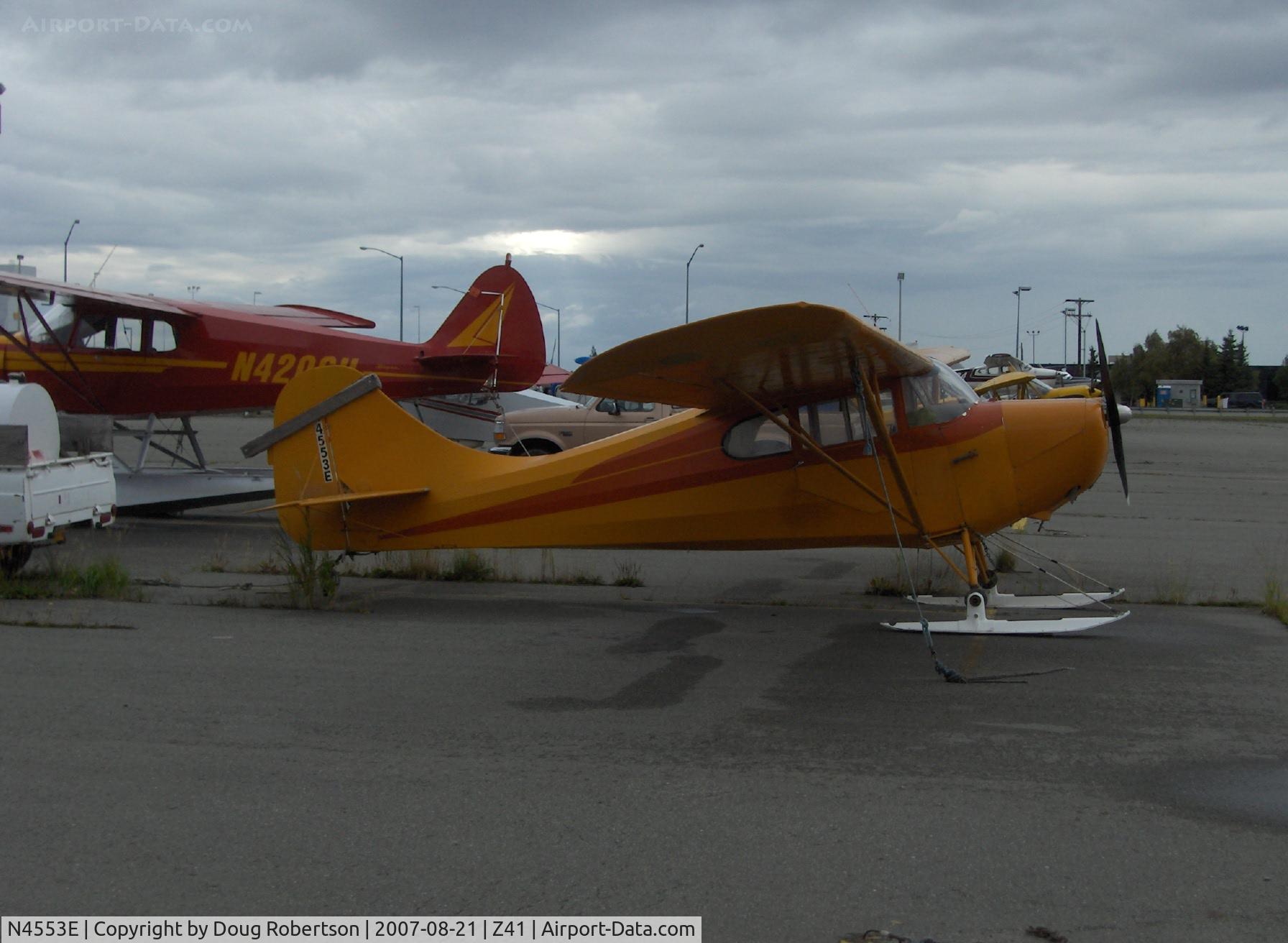 N4553E, 1949 Aeronca 11CC Super Chief C/N 11CC-252, 1949 Aeronca 11CC SUPER CHIEF, Continental C85 85 Hp, balanced elevators on the 11CC side by side seating model, on SKIS, Note: substantial rudder gust lock