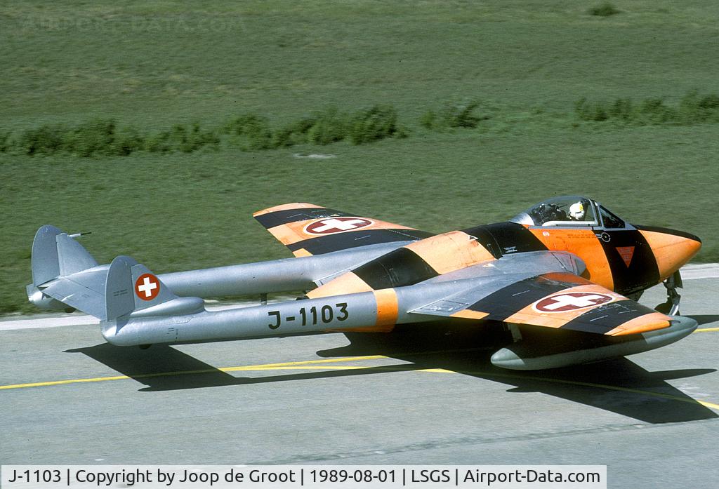 J-1103, De Havilland (FFA) Vampire FB6 (DH-100) C/N 612, as this Vampire was used a target tug is was painted in this bright colors