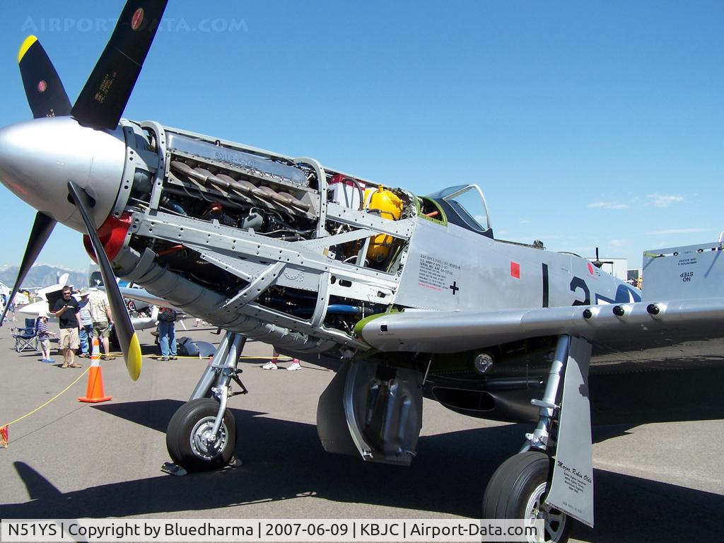 N51YS, 1945 North American P-51D Mustang C/N 122-39285, In process of getting its annual inspection. Displayed partially disassembled so attendees could look.