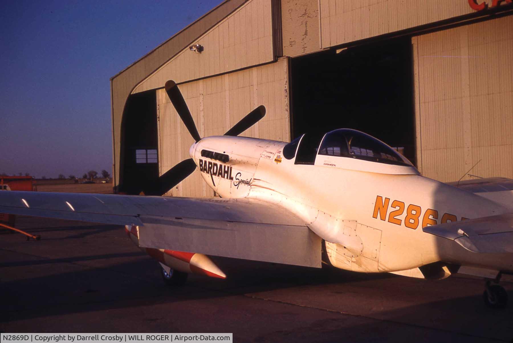 N2869D, 1944 North American P-51D Mustang C/N 124-44246 (44-84390), I took this photo in 1965 at Catlin Aviation FBO, at Will Rogers World Airport. Chuck Lyford had just landed to buy fuel at about 8:00 PM