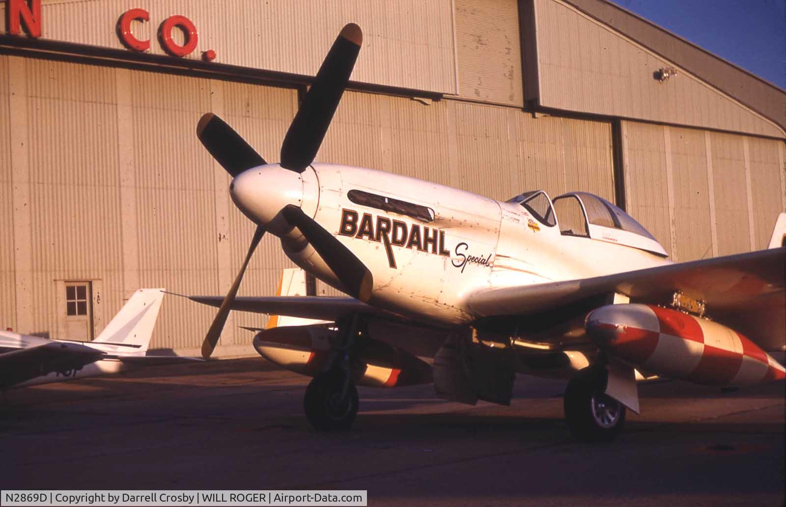 N2869D, 1944 North American P-51D Mustang C/N 124-44246 (44-84390), I took this photo late afternoon At Will Rogers World Airport in 1965.