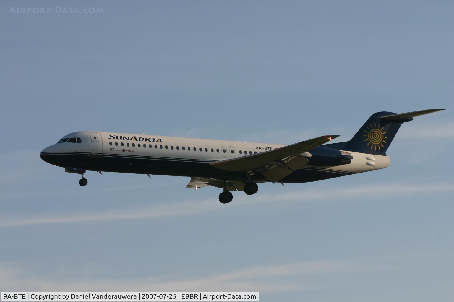9A-BTE, 1992 Fokker 100 (F-28-0100) C/N 11416, arrival of flight BT605 to rwy 25L