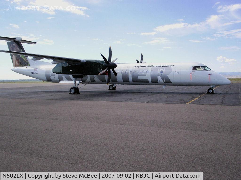 N502LX, 2007 Bombardier DHC-8-402 Dash 8 C/N 4168, N502LX (Wolfgang the Wolf) sitting at KBJC a couple days after delivery.