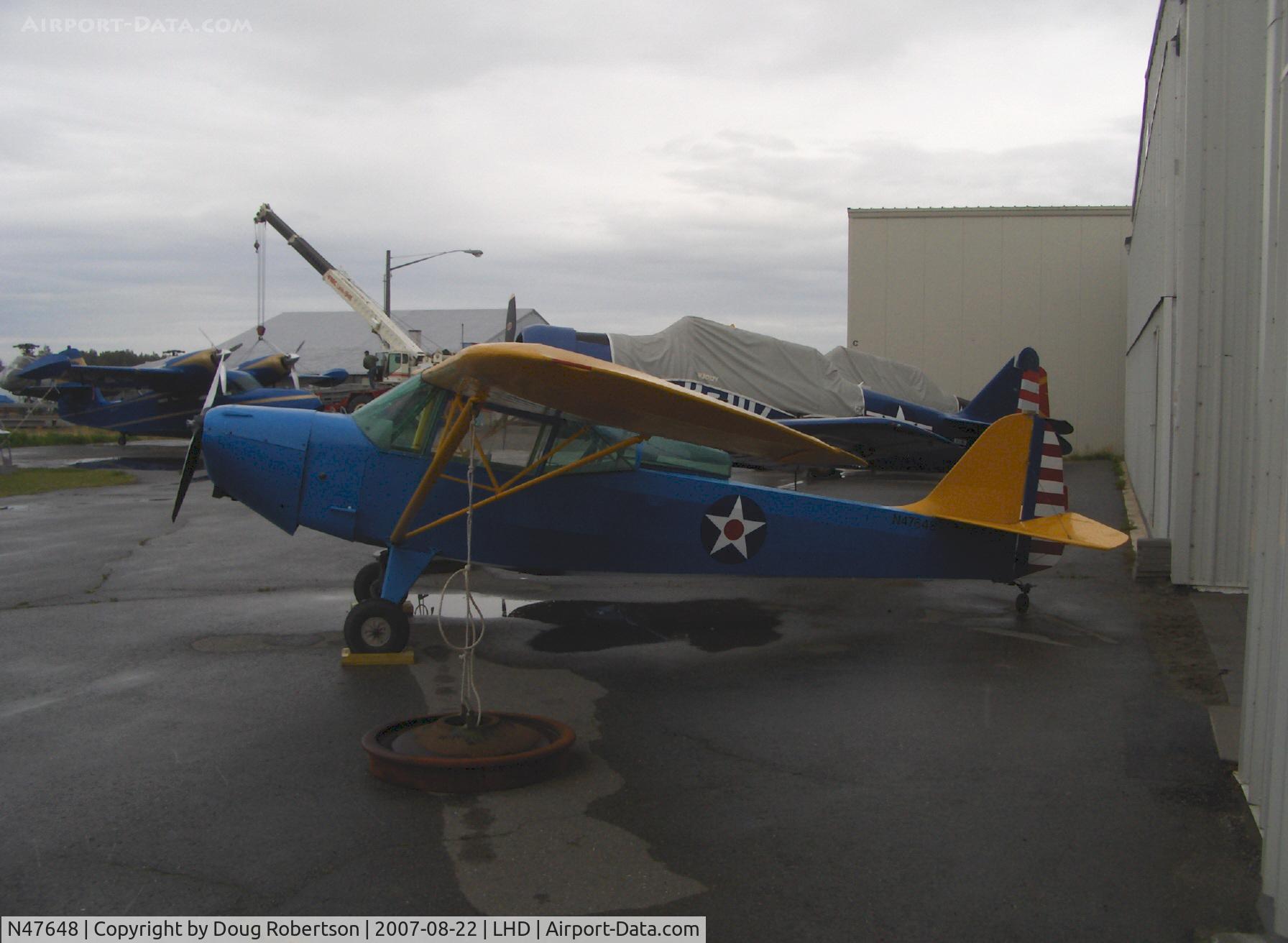N47648, 1943 Taylorcraft DCO-65 C/N 5416, 1943 Taylorcraft DCO as L-2A-TA GRASSHOPPER liaison, Continental A&C65 65 Hp, tandem seating, cabin mod for visibility, at Alaska Aviation Heritage Museum