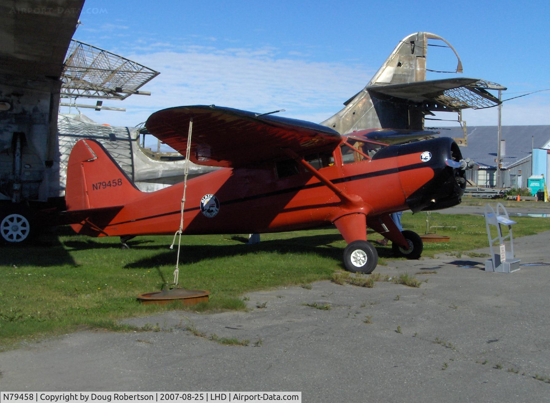 N79458, 1944 Stinson V77 Reliant C/N 77-36, 1944 Stinson V-77 RELIANT, Lycoming R680-6B6-D6 245 Hp, at Alaska Aviation Heritage Museum. Convair PBY CATALINA hulk behind