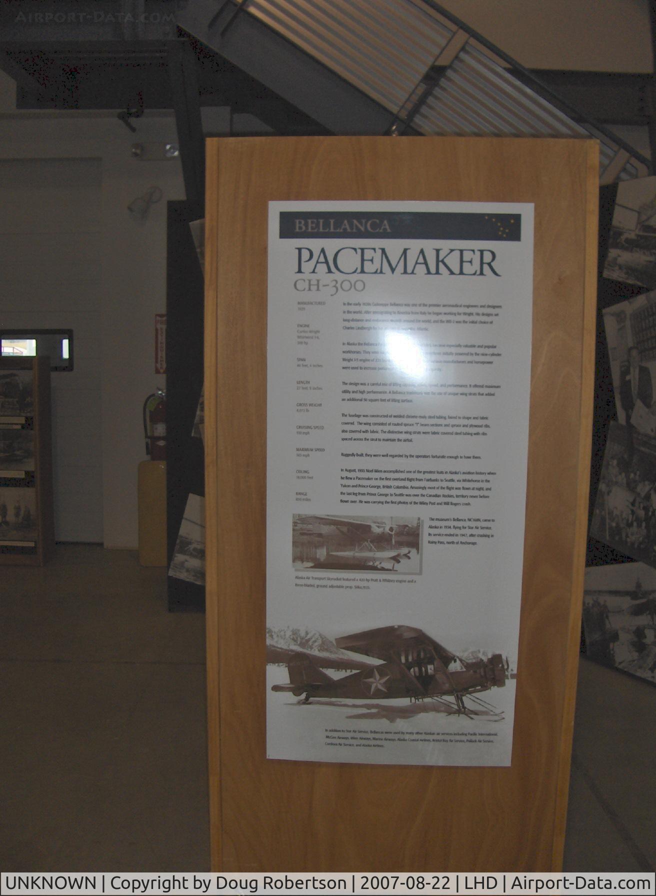 UNKNOWN, , Bellanca CH-300 PACEMAKER, Wright  R-985 Whirlwind 9 cylinder radial 300 Hp, at Alaska Aviation heritage Museum, exhibit data