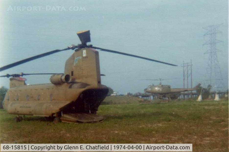 68-15815, 1968 Boeing Vertol CH-47C Chinook C/N B.527, 196th Aviation Company CH-47C ready to take troops and Jeep back from Hilton Head, SC.  UH-1 in background belongs to 35th Engineer Group.  Across the channel from Hilton Head Island.