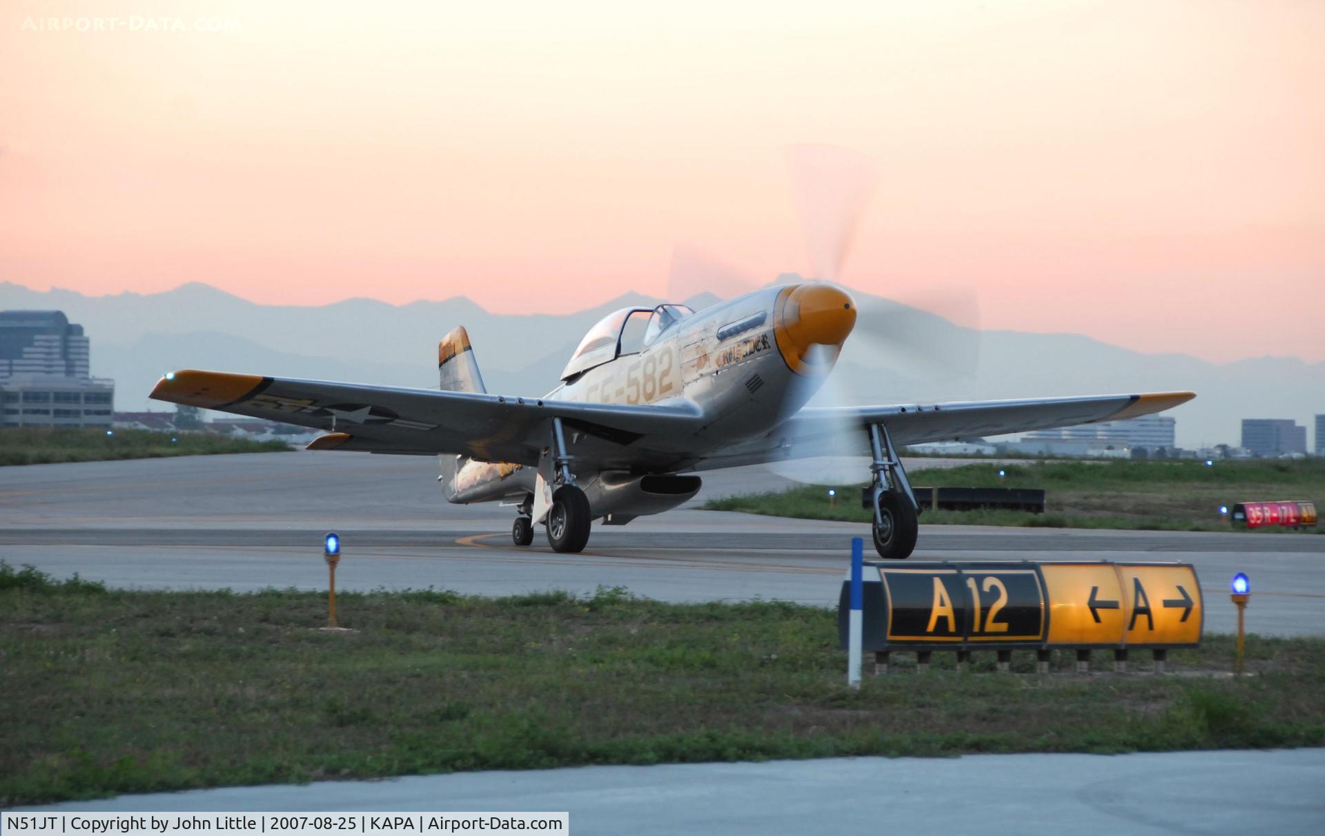 N51JT, 1946 North American P-51D Mustang C/N 122-41122 (44-74582), Joe T taxi to ramp, nearly dark
