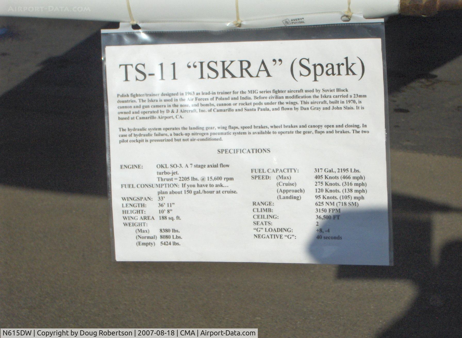 N615DW, 1970 PZL-Mielec TS-11 Iskra C/N 1H0502, 1970 WSK-Mielec TS-11 ISKRA (SPARK), one SO-3 turbojet rated at 2,205 lb st, ex-Poland Air Force tandem primary and basic fully aerobatic jet trainer, two lightweight ejection seats, data card