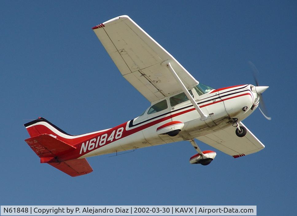 N61848, Cessna 172M C/N 17264840, Cessna 172 flies overhead after becoming airborne.