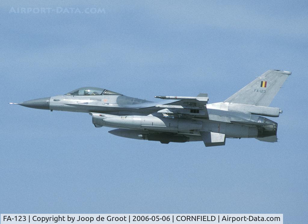 FA-123, SABCA F-16AM Fighting Falcon C/N 6H-123, Pulling away after strafing one of the targets on the Vlieland Cornfield armament range.