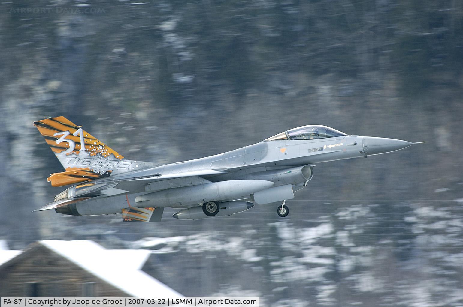 FA-87, SABCA F-16AM Fighting Falcon C/N 6H-87, Surprise visit to Meiringen Switzerland of a Belgian F-16. This aircraft arrived for the local open house and was invited by the local 11 Tiger Staffel.