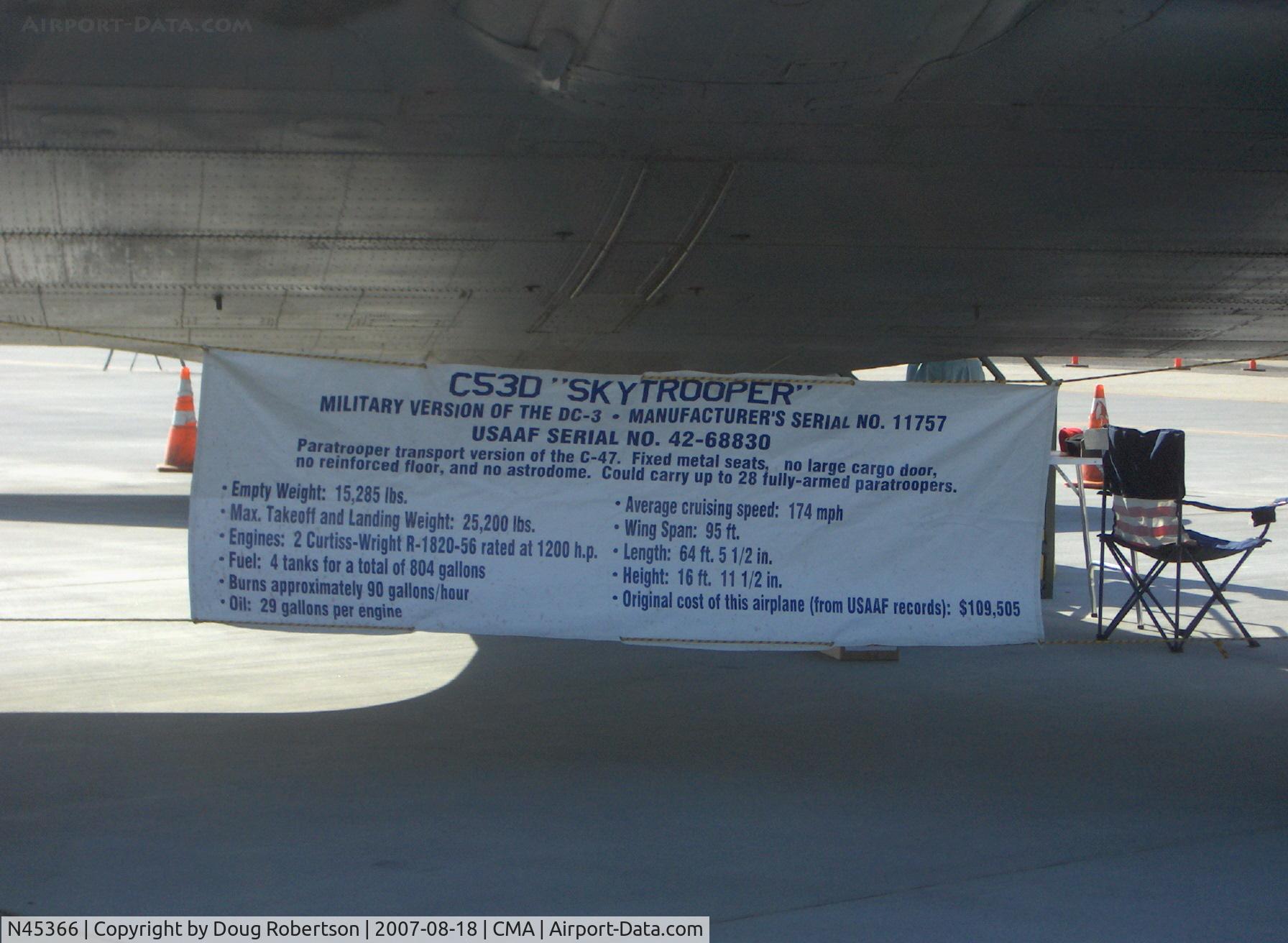 N45366, 1943 Douglas C-53D-DO Skytrooper (DC-3A) C/N 11757, 1943 Douglas DC-3 as C53D SKYTROOPER 'D-Day Doll', two Curtiss-Wright R-1820-56 1,200 Hp each, data card