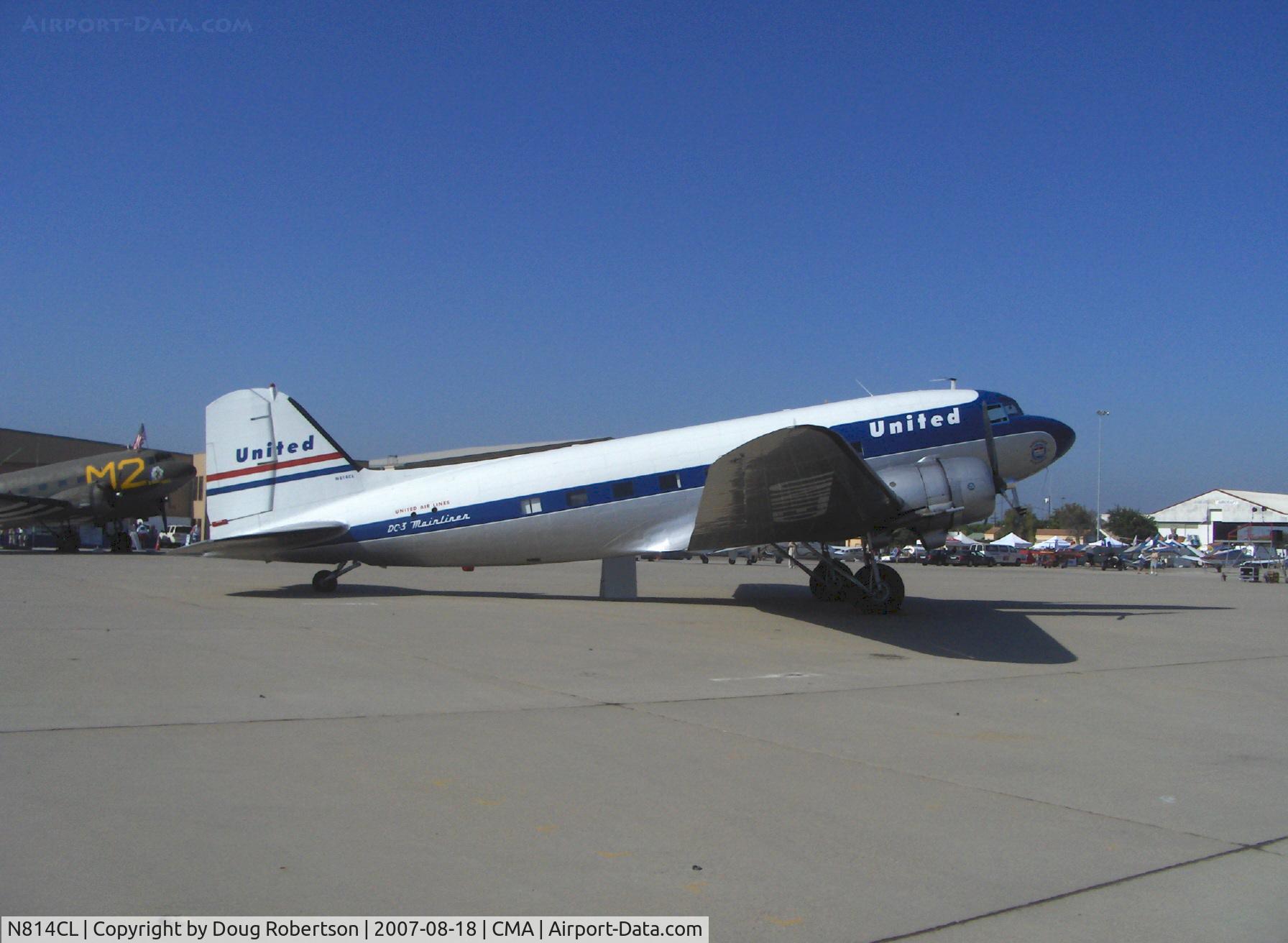 N814CL, 1945 Douglas DC-3C (C-47B-50-DK) C/N 34370, 1945 Douglas DC-3C, two P&W 1830s; Clay Lacy's DC-3 in livery of United Airlines 'Mainliner O'Connor', Clay holds the record of more flight hours than anyone else in the world-EXCEPT for that Russian test pilot with over 60,000 hours.