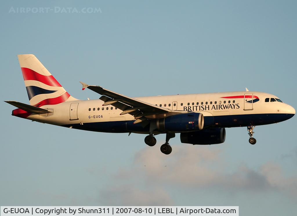 G-EUOA, 2001 Airbus A319-131 C/N 1513, landing 25L