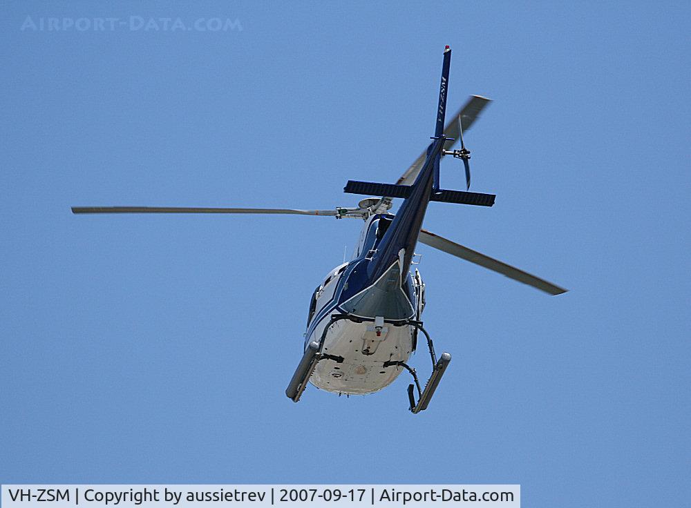 VH-ZSM, 1984 Eurocopter AS-350BA Ecureuil C/N 1766, Low Flying Copter appears to be fitted with electronics pods of some sort