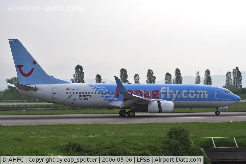 D-AHFC, 1998 Boeing 737-8K5 C/N 27977, landing on rwy 16 sticker Hannover Airport