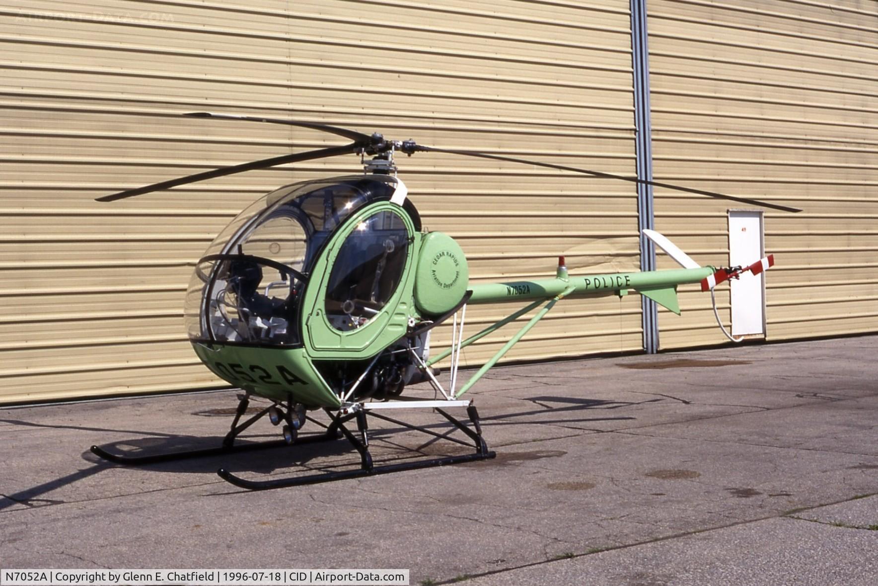 N7052A, Hughes 269A C/N 880956, TH-55A 67-16849, N7052A, with the Cedar Rapids, IA Police Department.  This aircraft suffered an engine failure and crashed a month after this photo. Pilot injured.