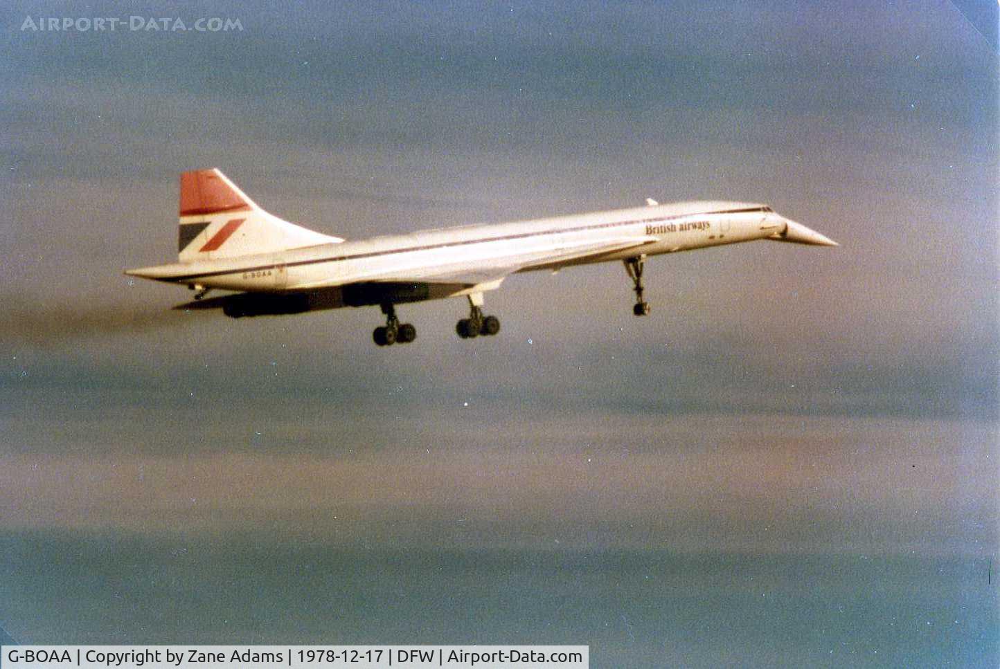 G-BOAA, 1974 Aerospatiale-BAC Concorde 1-102 C/N 100-006, Landing DFW 12/17/1978 during US FAA check rides for  Braniff crew training.