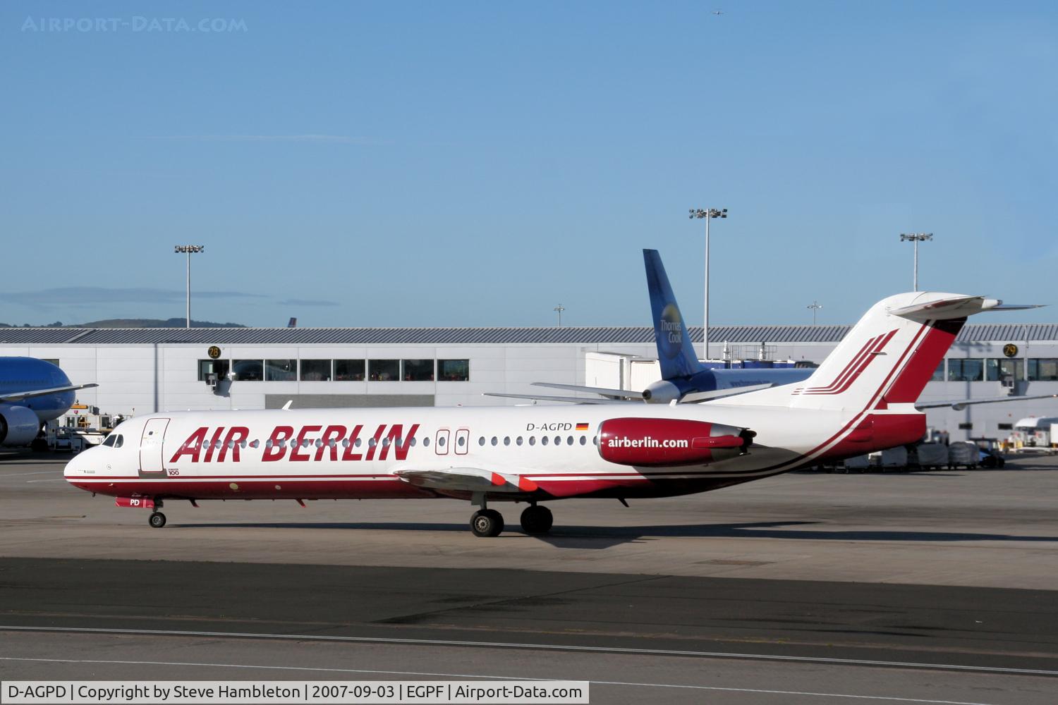 D-AGPD, 1989 Fokker 100 (F-28-0100) C/N 11281, Air Berlin Fokker 100 on a lovely sunny morning at Glasgow