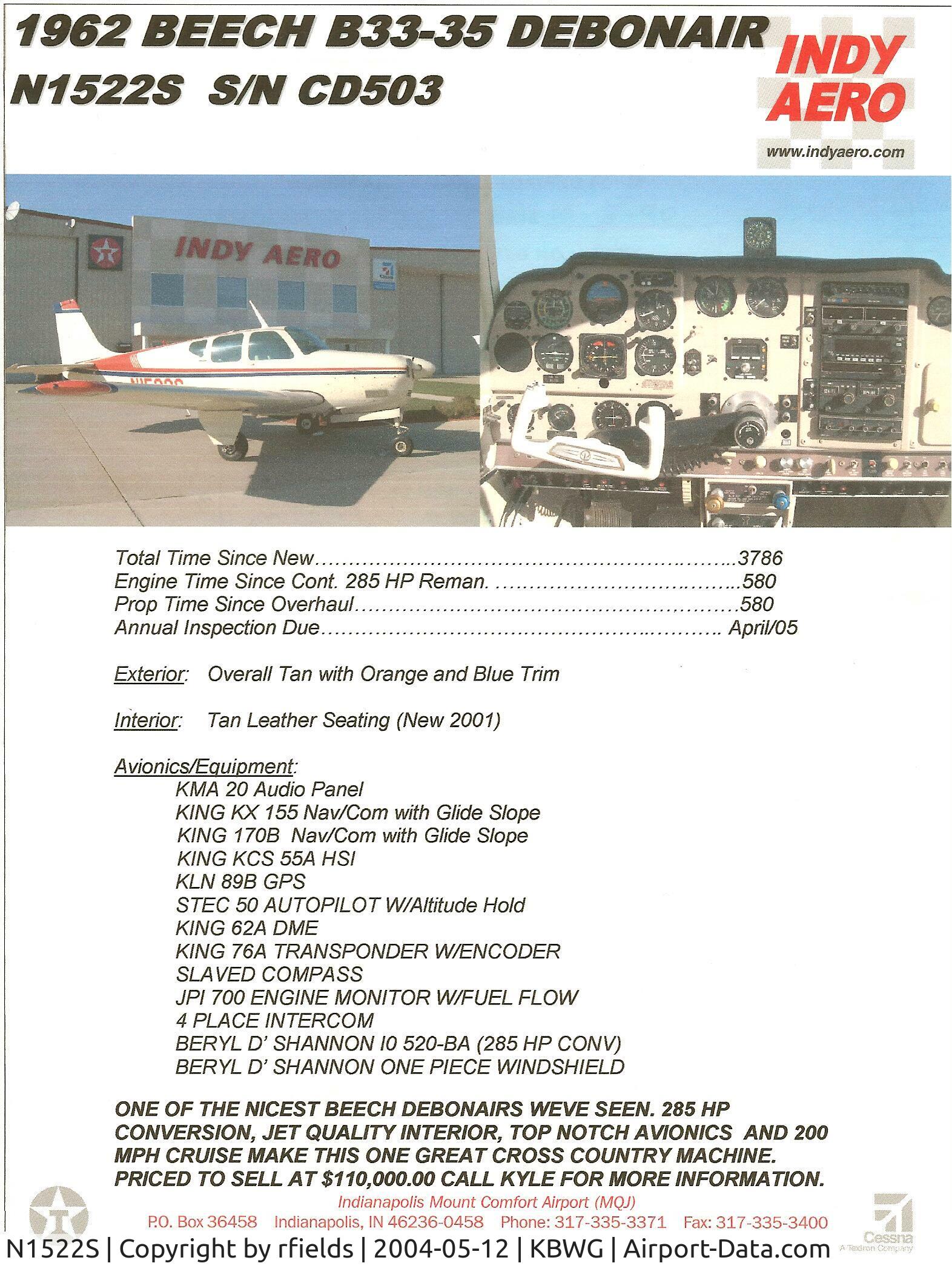 N1522S, 1962 Beech 35-B33 Debonair C/N CD-503, 285 Debonair