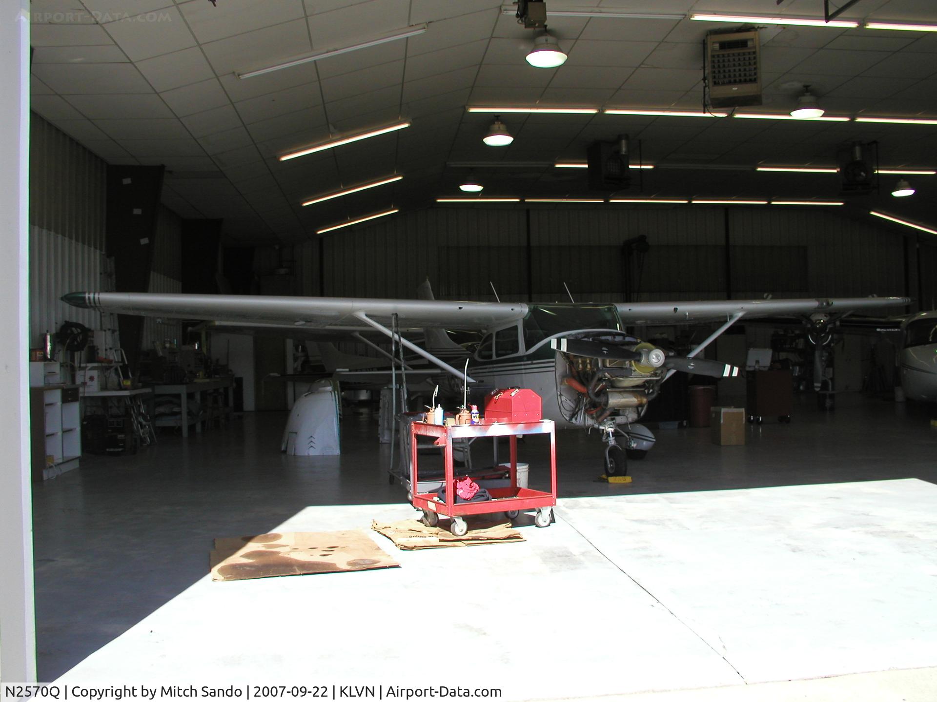 N2570Q, 1966 Cessna 182K Skylane C/N 18257770, Parked inside the maintenance hangar at Airlake.