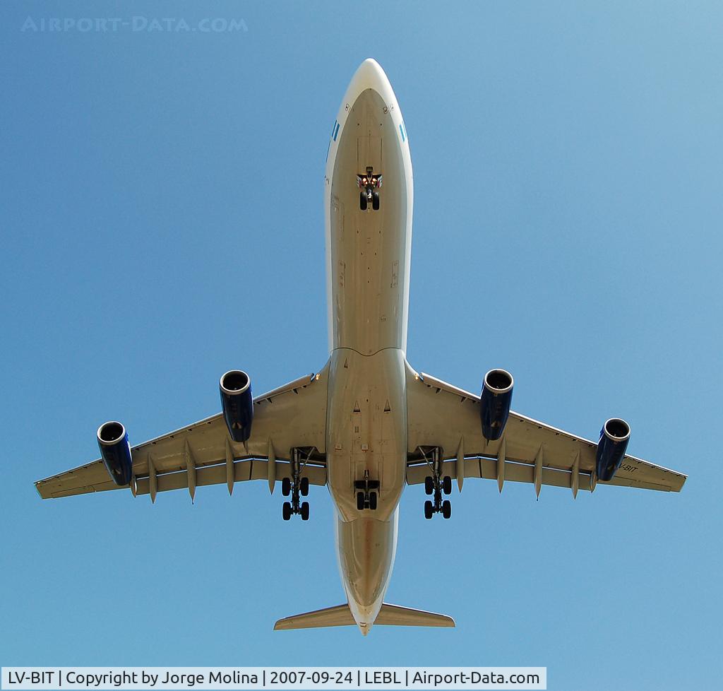 LV-BIT, 1995 Airbus A340-313 C/N 093, On short final RWY 25R, with 