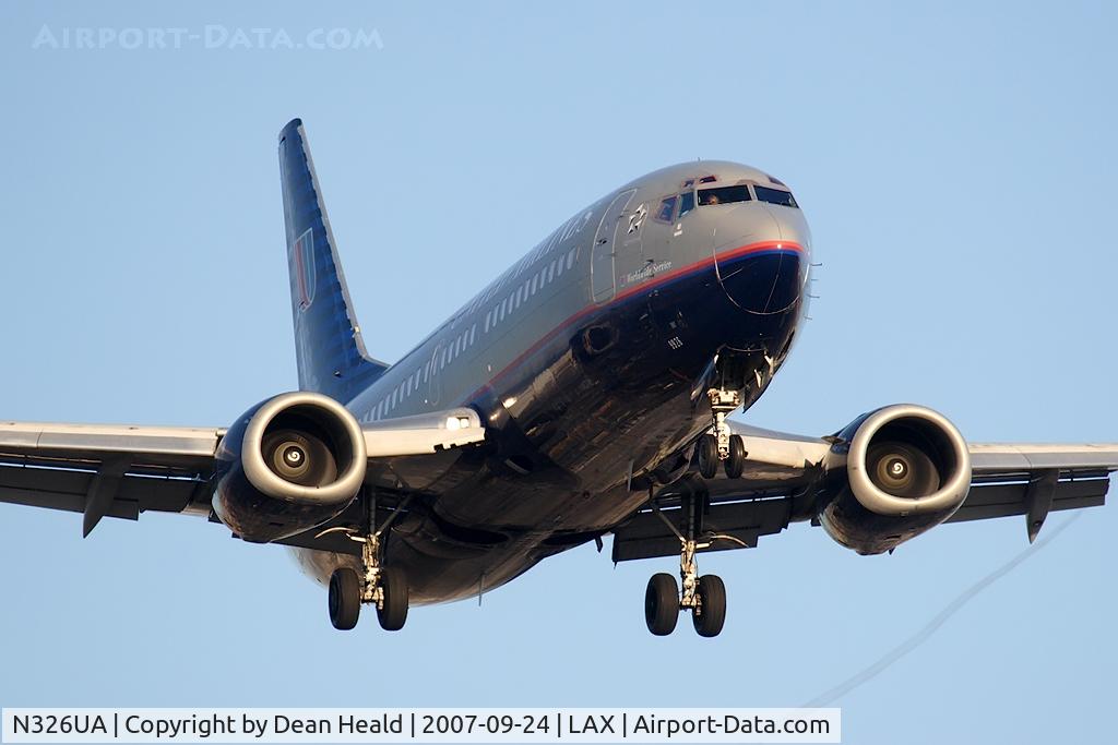 N326UA, 1988 Boeing 737-322 C/N 23958, United Airlines N326UA (FLT UAL469) from San Francisco Int'l (KSFO) on short-final to RWY 24R.