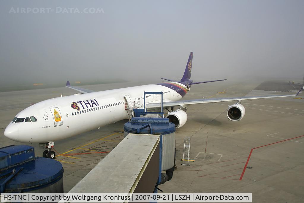 HS-TNC, 2005 Airbus A340-642 C/N 689, parked and waiting to be serviced