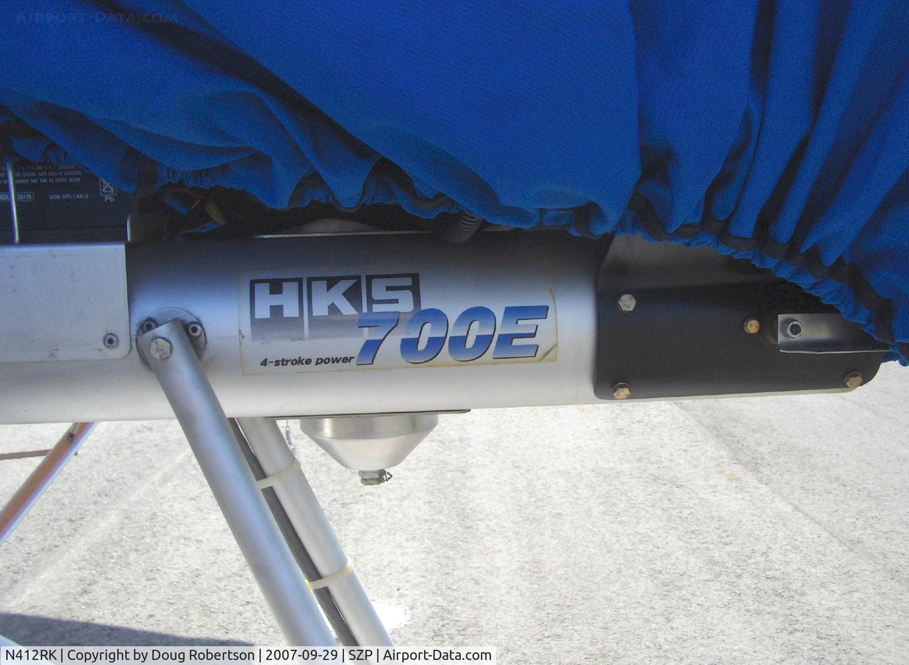 N412RK, 2001 Flightstar IISC C/N 100349, 2006 Flightstar IISC, HKS 700E 2 cylinder 4 stroke 6,200 rpm geared, dual carb 60 Hp, two place
