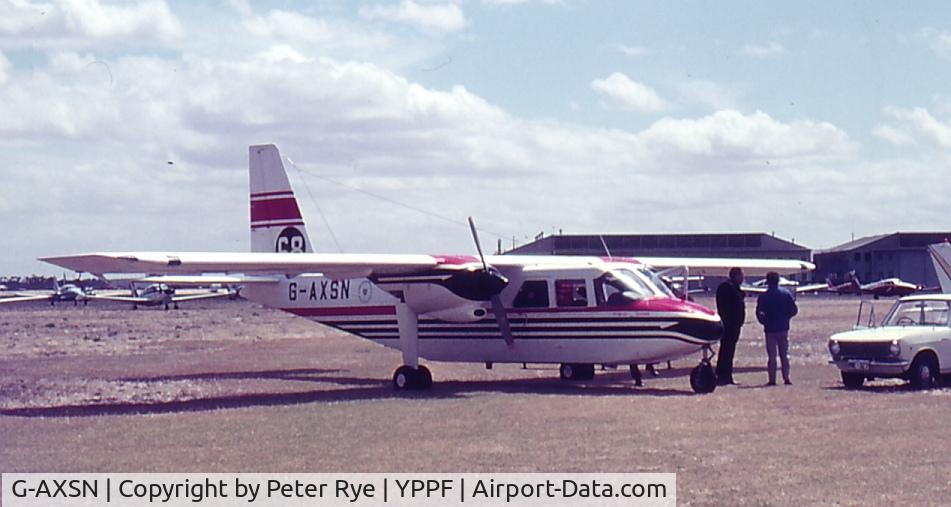 G-AXSN, 1969 Britten-Norman BN-2A Islander C/N 81, At Parafield airfield, Souh Australia, during the commemorative LOndon-Sydney air race