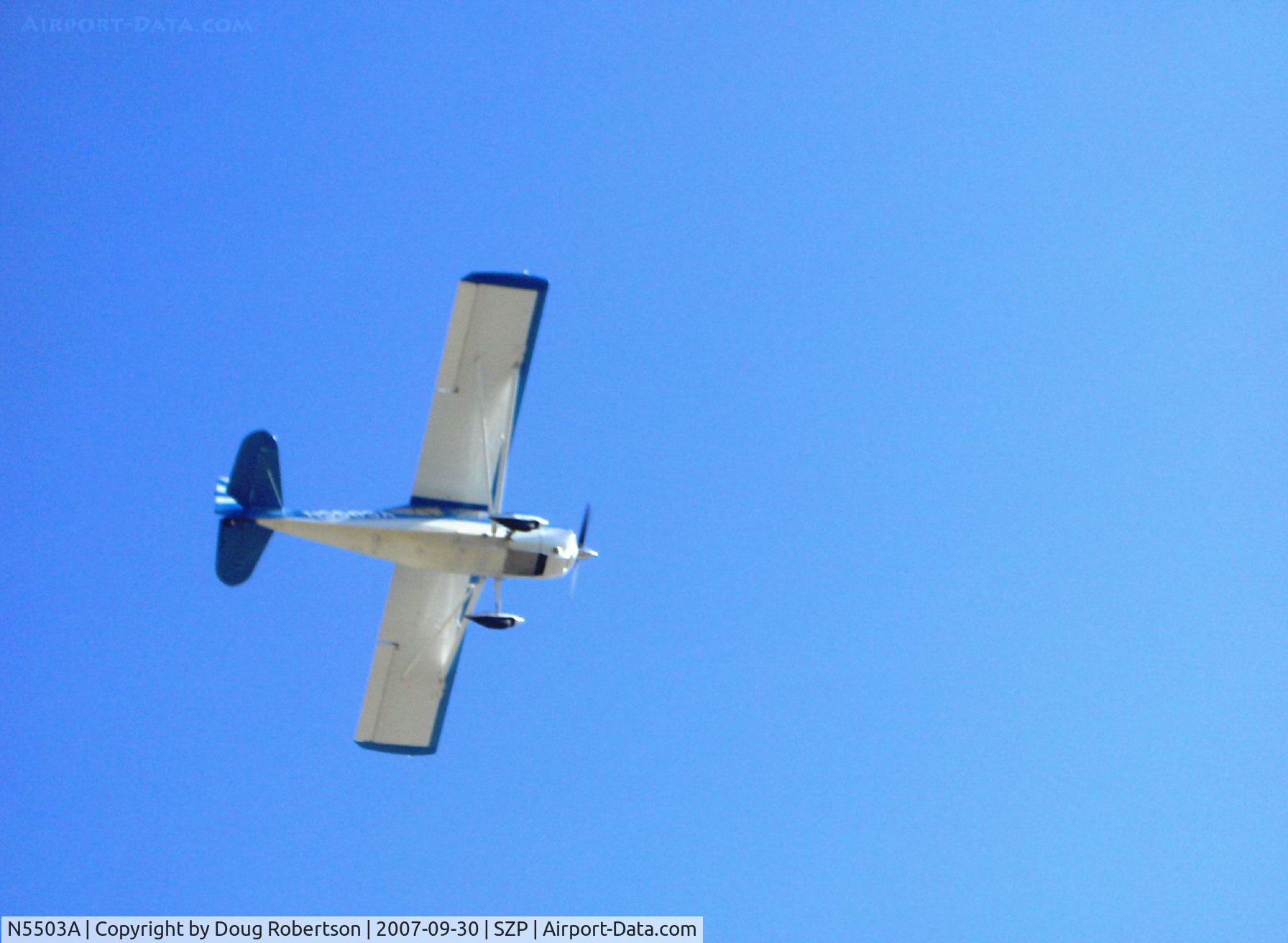 N5503A, 1978 Bellanca 8KCAB Decathlon C/N 411-78, 1978 Bellanca 8KCAB DECATHLON fully aerobatic, Lycoming AEIO-320 150 Hp, CS prop, NACA 1412 near symmetrical wing airfoil, rated +6g -5g, takeoff climb from Rwy 22