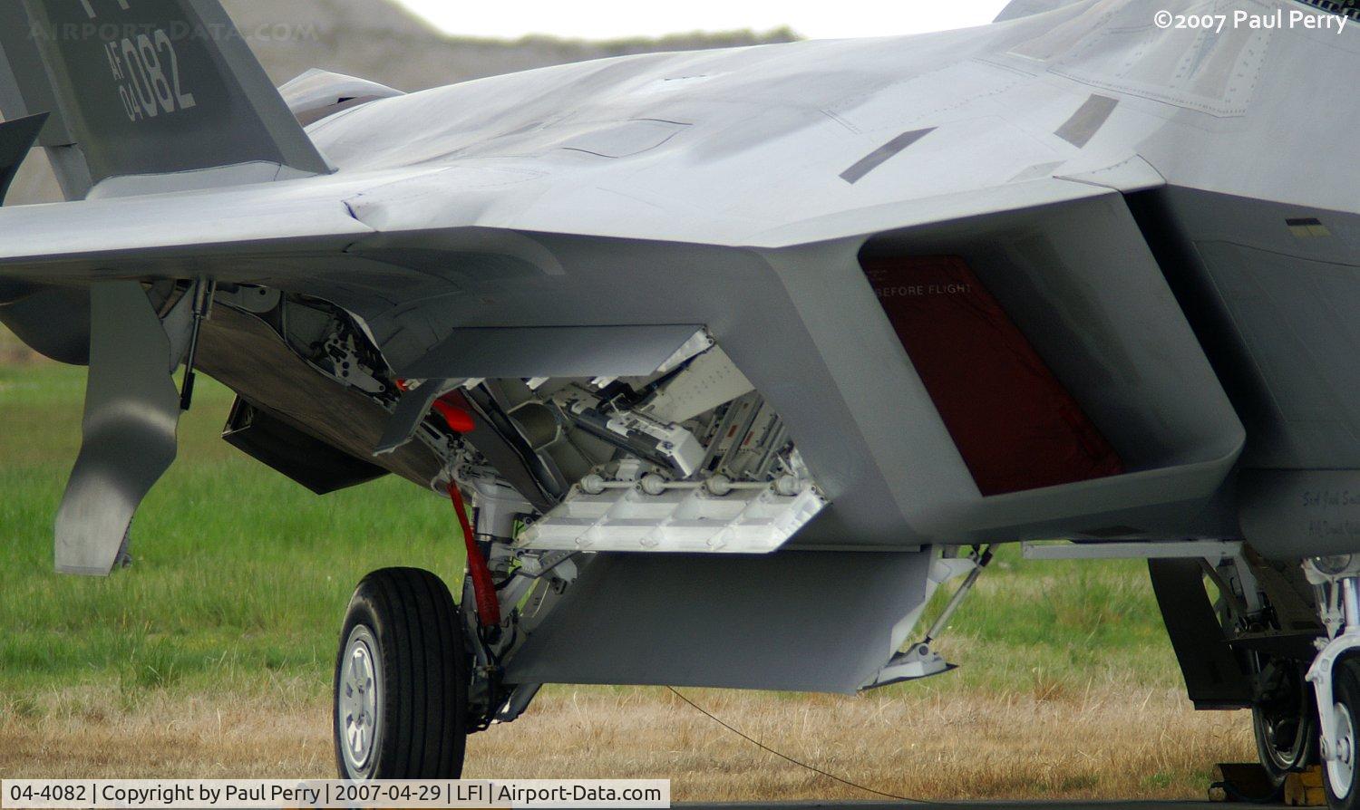 04-4082, 2004 Lockheed Martin F-22A Raptor C/N 4082, Starboard AIM-9 bay, and you can just make out the M-61 bulge above it