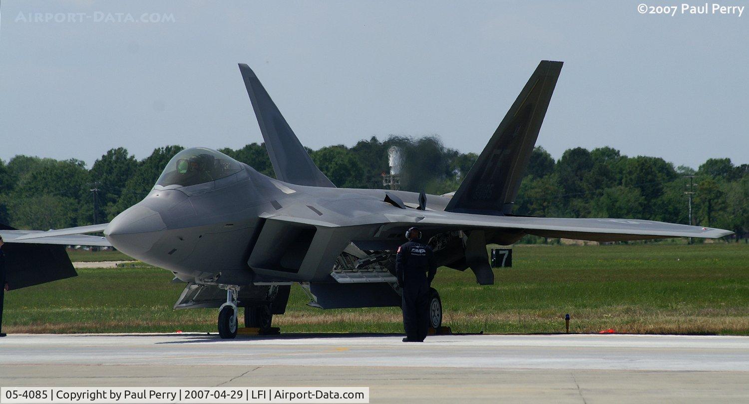 05-4085, 2005 Lockheed Martin F-22A Raptor C/N 4085, Winding up, with her wingroot placed APU running