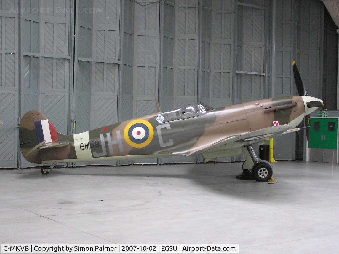 G-MKVB, 1942 Supermarine 349 Spitfire LF.Vb C/N CBAF.2461, Spitfire BM597 hangared at Duxford